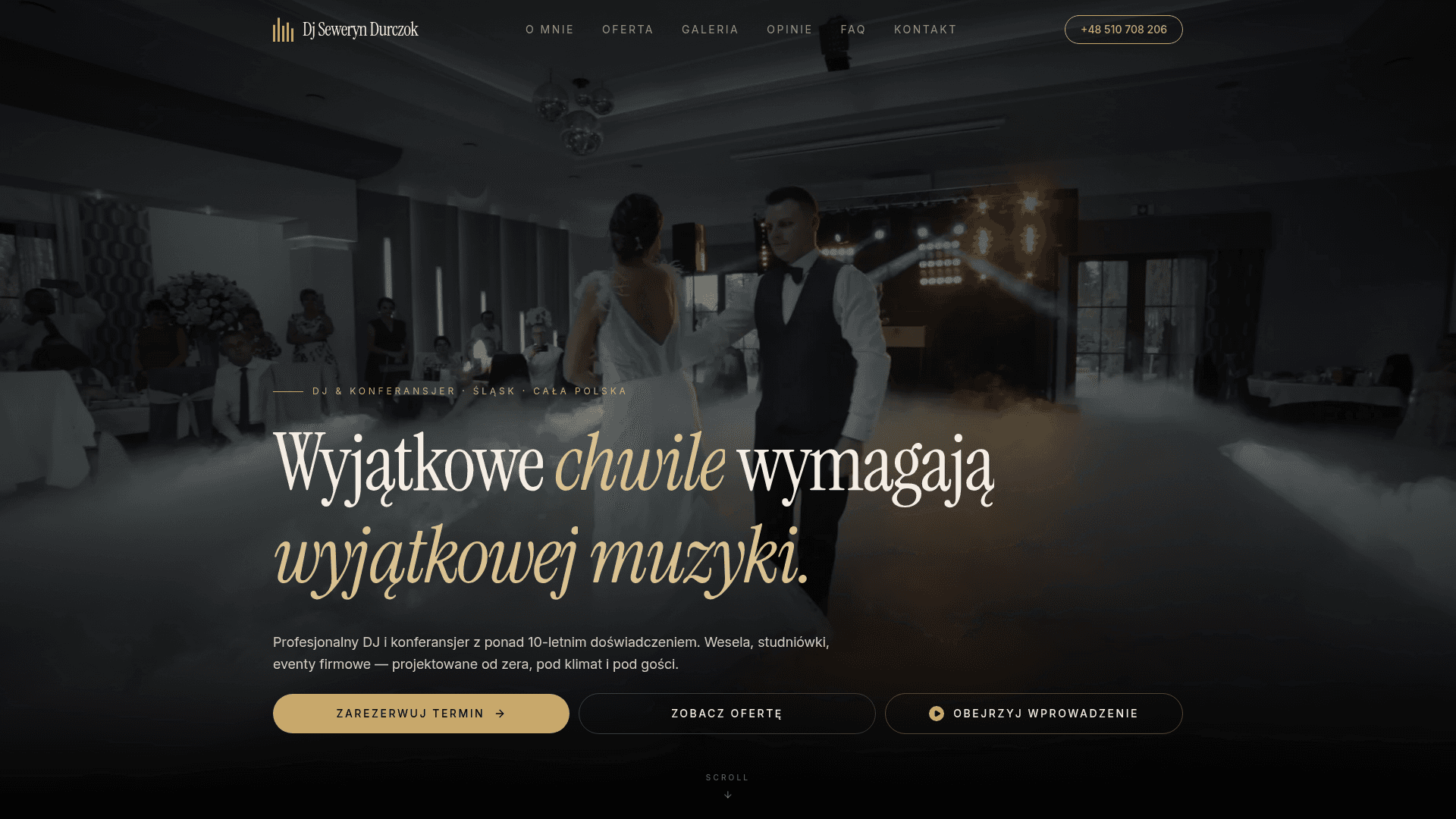 djseweryndurczok.pl hero — first-dance footage behind „Wyjątkowe chwile wymagają wyjątkowej muzyki”, served as adaptive HLS video