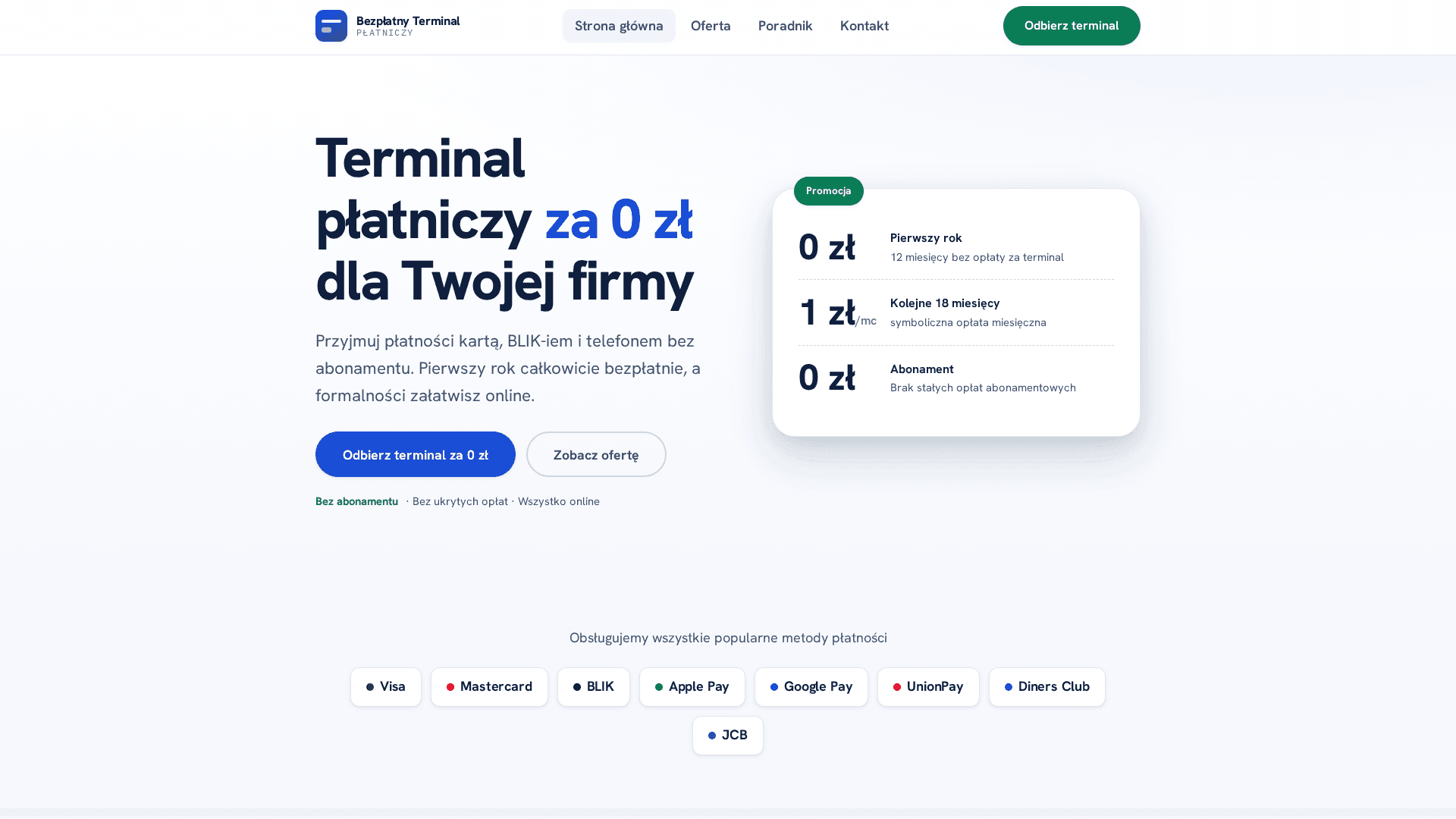 Hero — “Terminal płatniczy za 0 zł” with the 0 zł / 1 zł / 0 zł pricing tiers and supported card and wallet logos