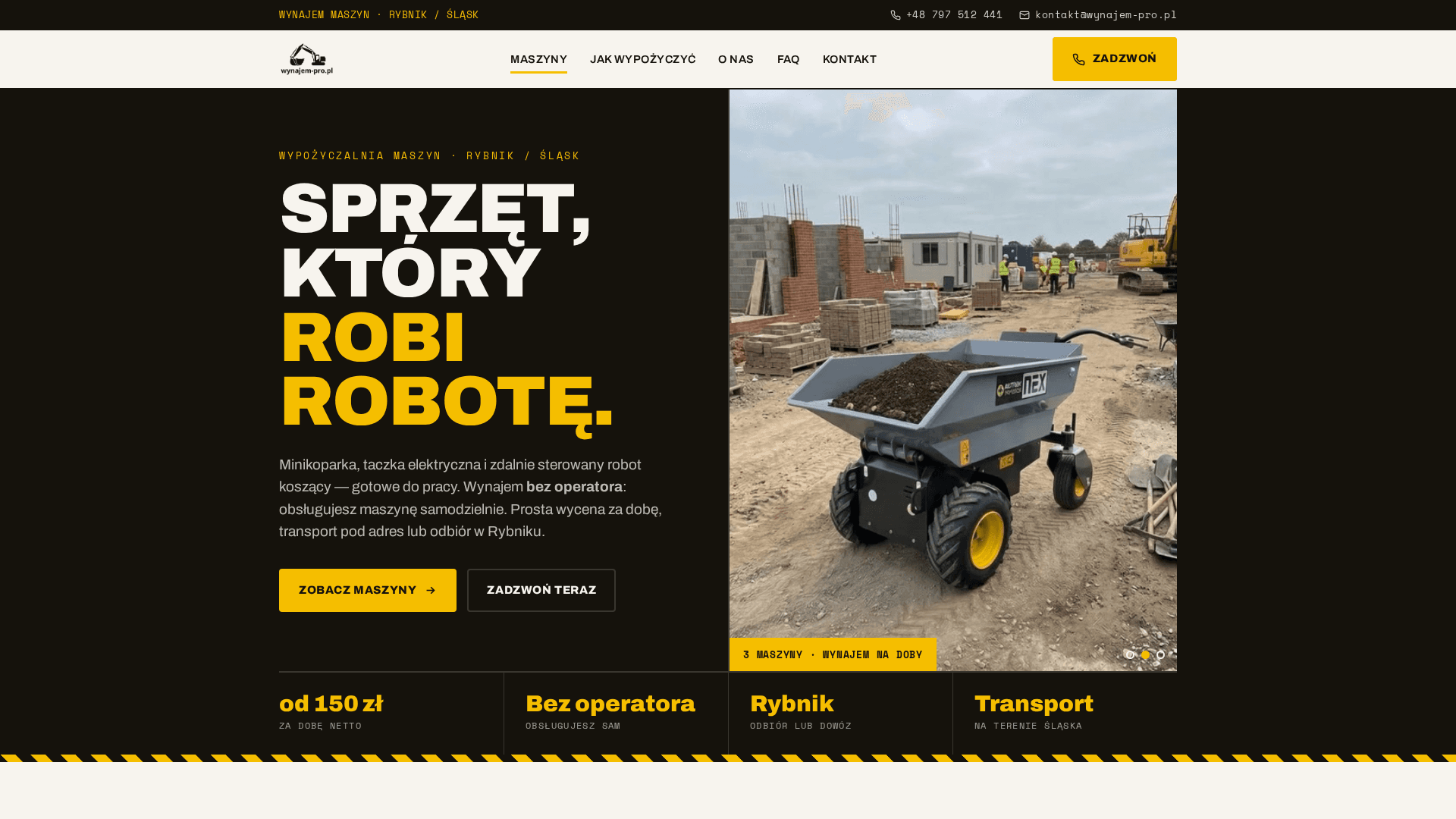 Hero — “Sprzęt, który robi robotę” with a powered wheelbarrow on site and bez operatora / Rybnik / transport highlights