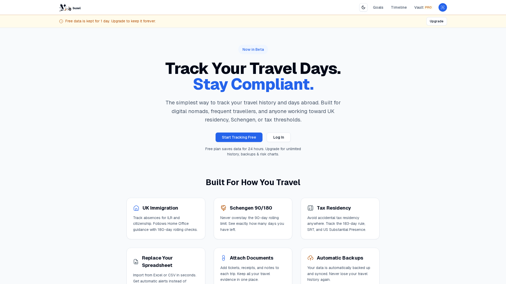 busel.uk hero — “Track Your Travel Days. Stay Compliant.” with UK immigration, Schengen 90/180 and tax-residency tracking